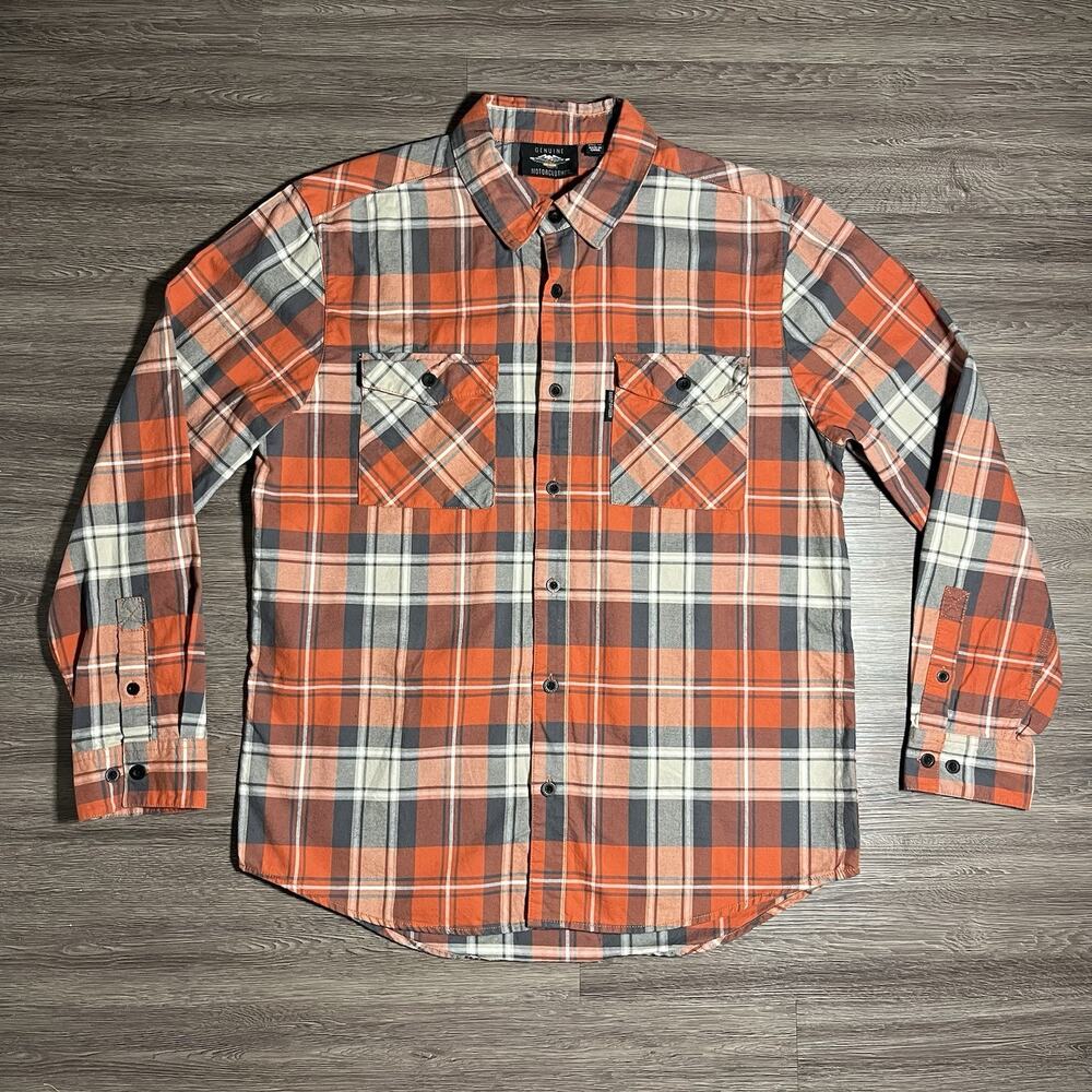 Harley Davidson Two Pocket Plaid Flannel Shirt Men's LARGE Orange Blue Biker EUC